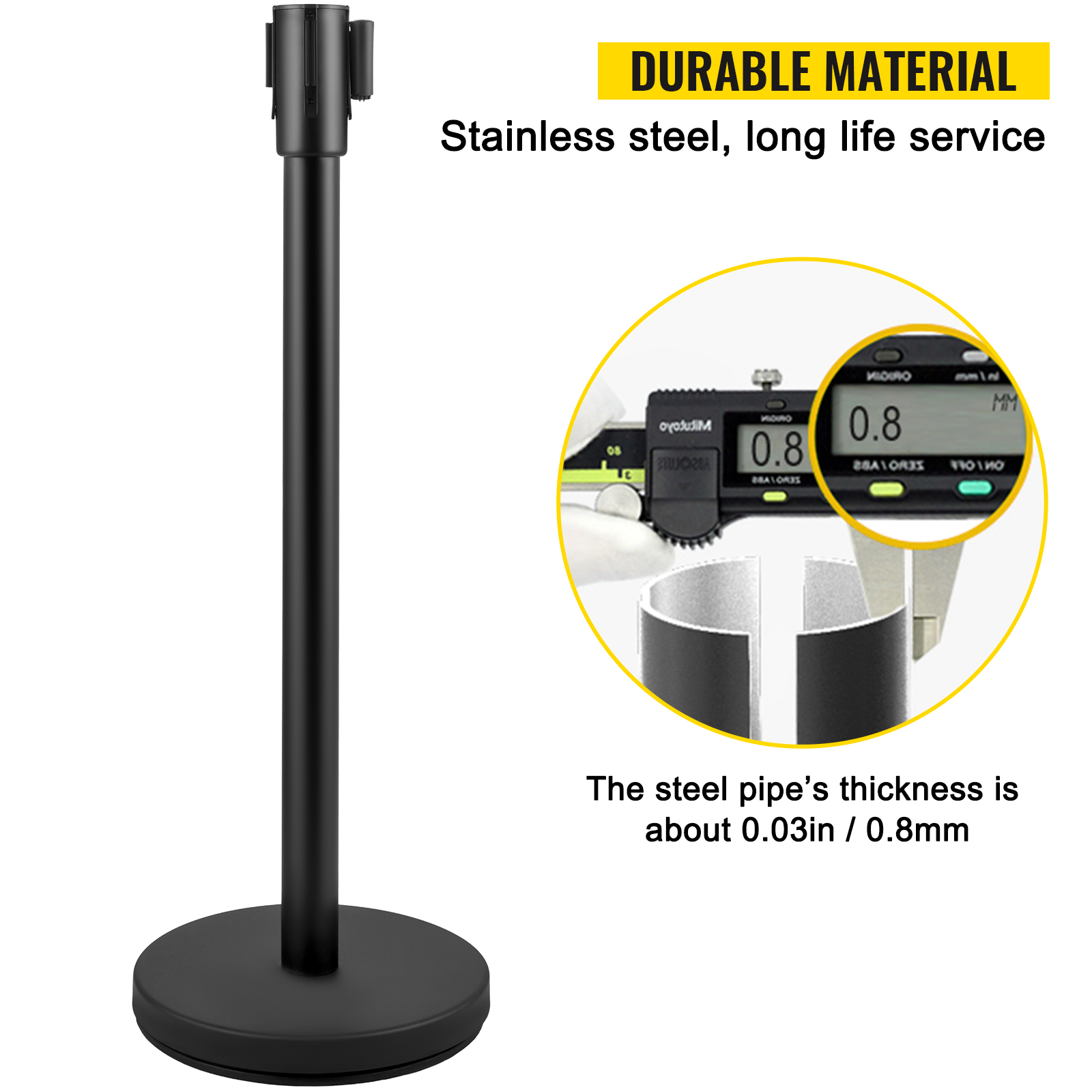VEVOR crowd control barrier with durable stainless steel pipe thickness of 0.03in/0.8mm.