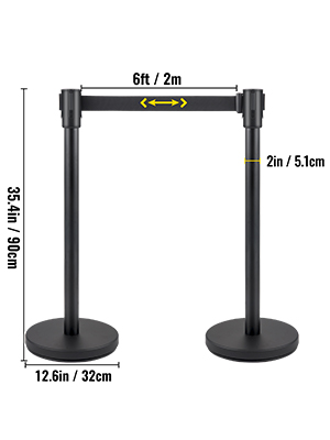 VEVOR crowd control stanchion measuring 35.4in high and 6ft wide with 12.6in base diameter.