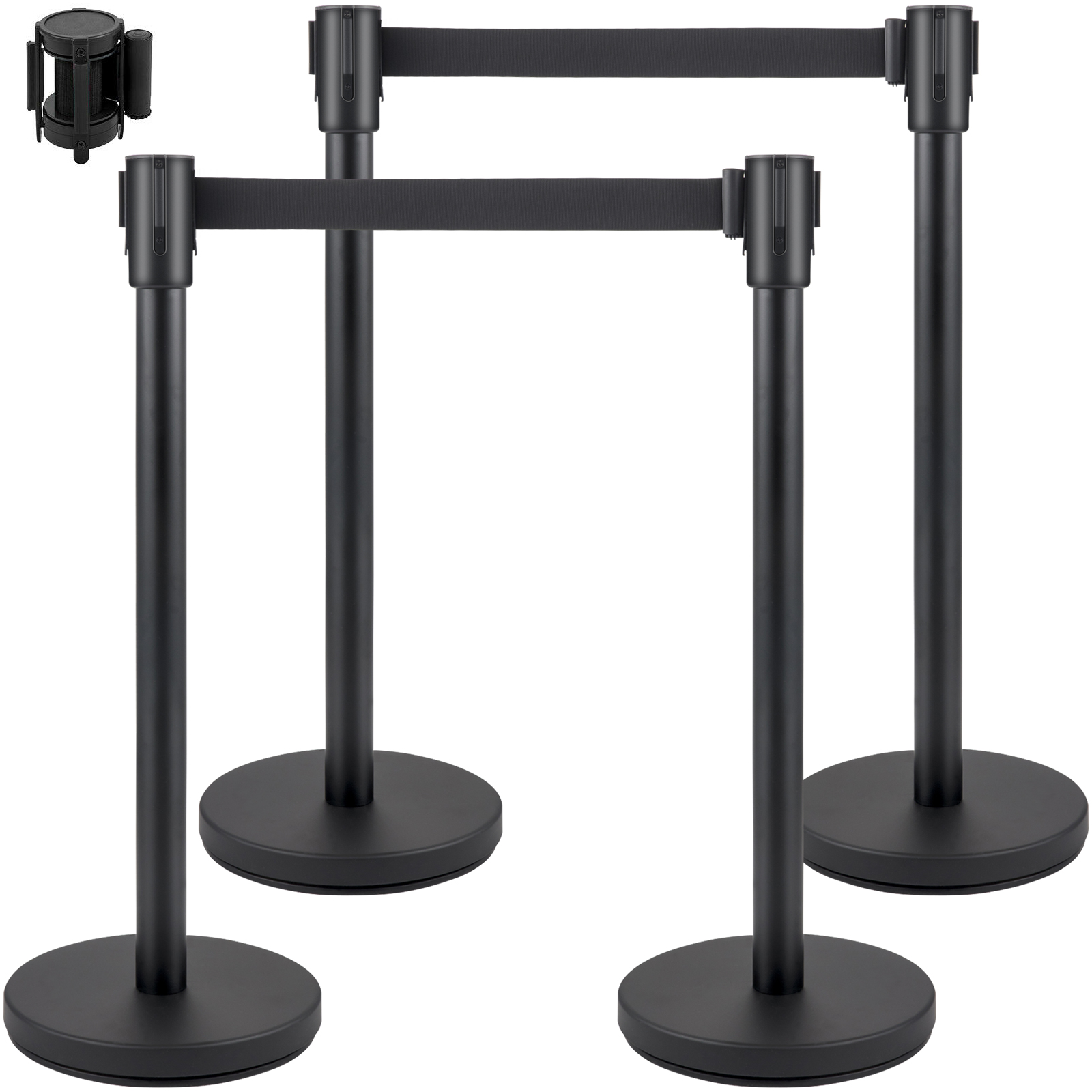 three black VEVOR crowd control stanchions with retractable belts and wall mount.