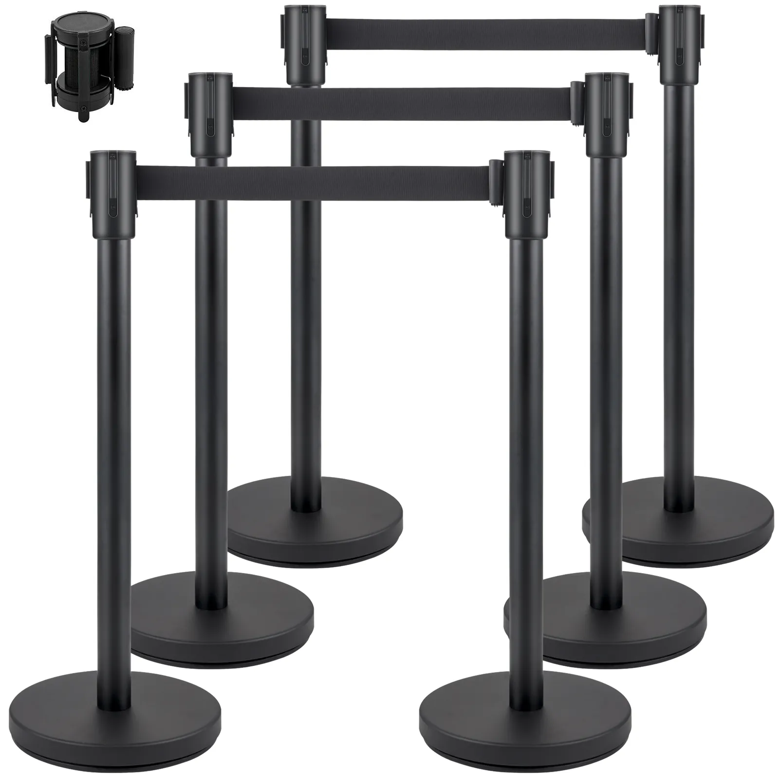 VEVOR crowd control stanchion set with black retractable belts and sturdy bases.