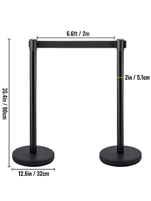 VEVOR crowd control stanchion: 35.4in height, 12.6in base, 6.6ft belt length.