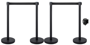 three black VEVOR crowd control stanchions with retractable belts.