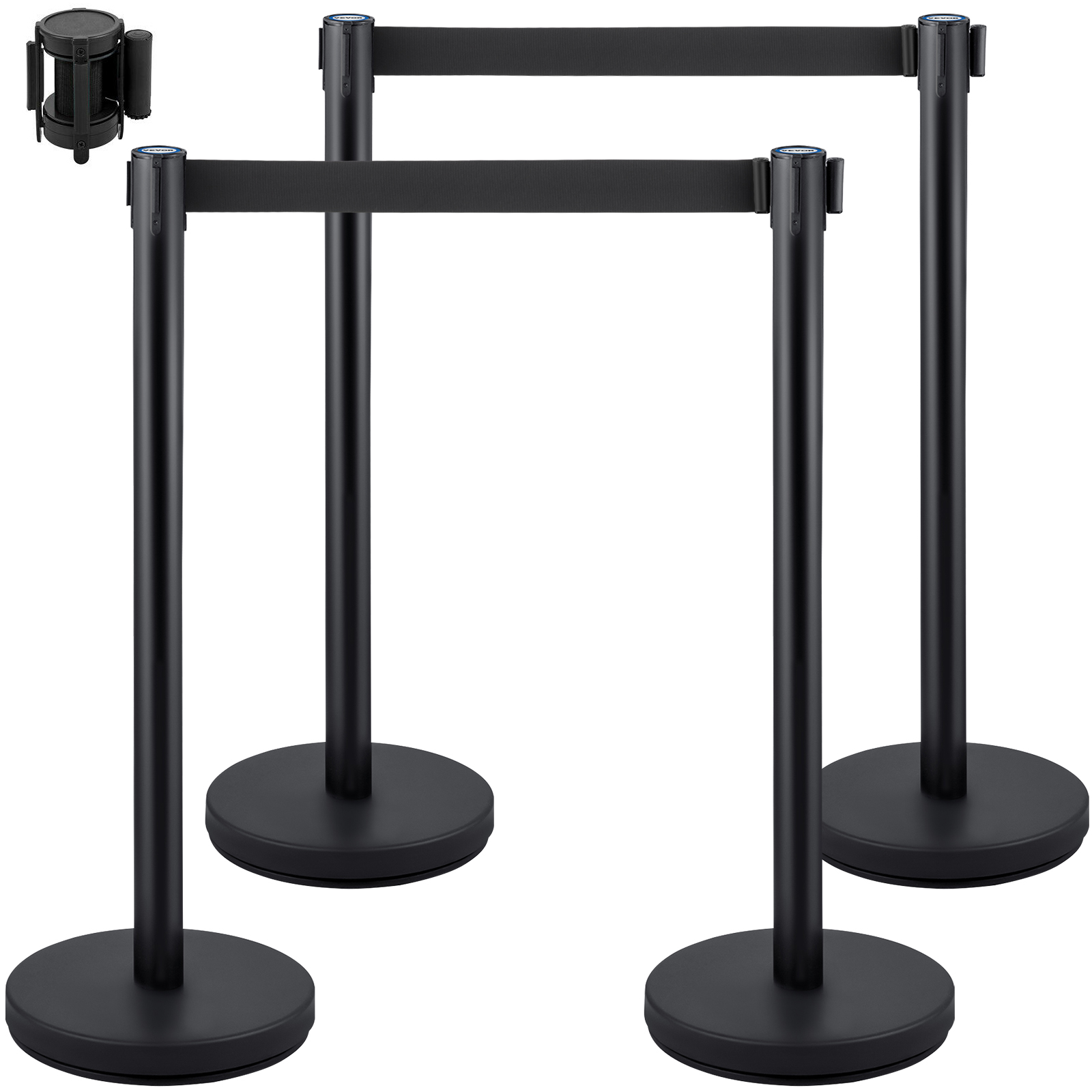 black VEVOR crowd control stanchion with three posts and retractable belts.