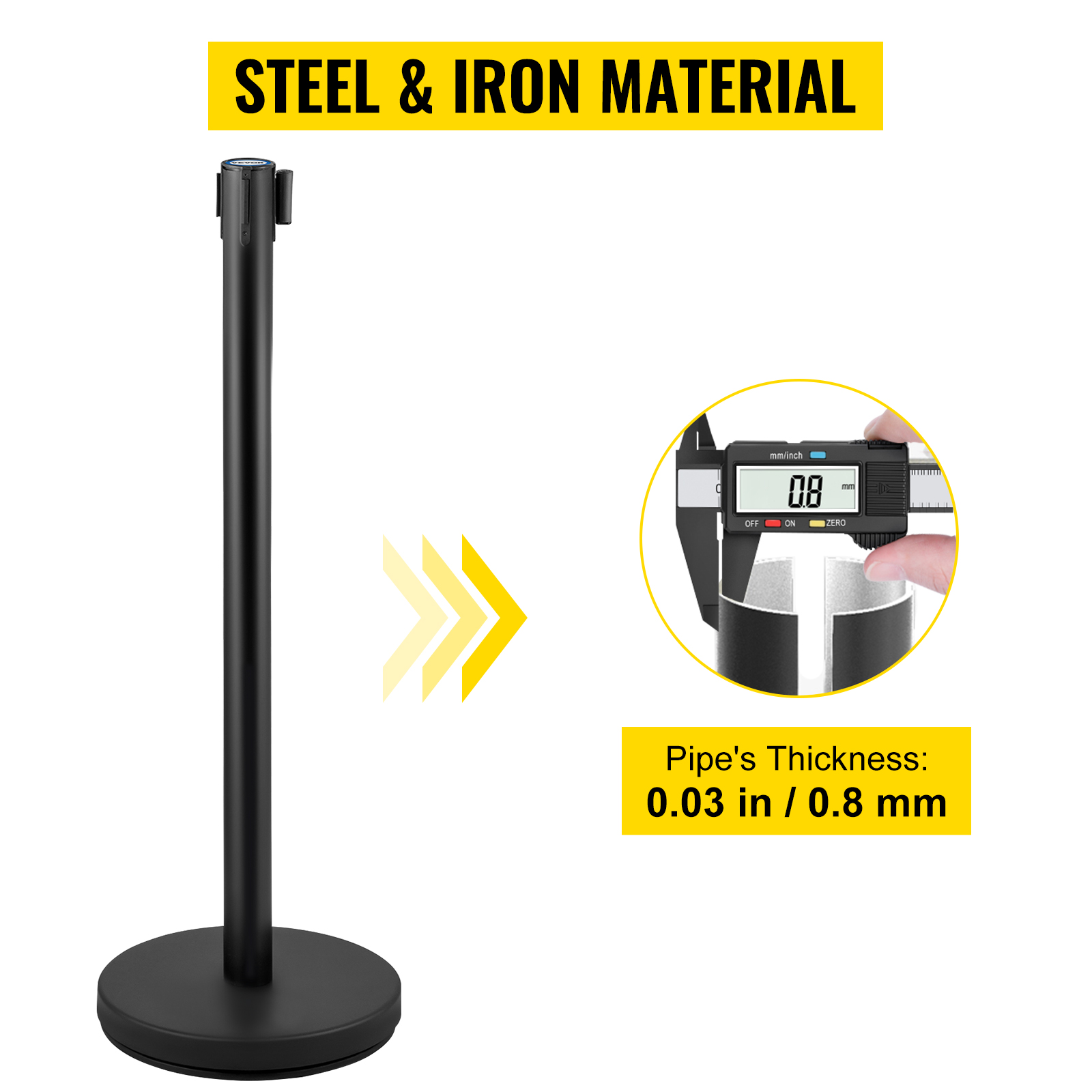 VEVOR crowd control stanchion made of steel and iron with 0.8mm pipe thickness.