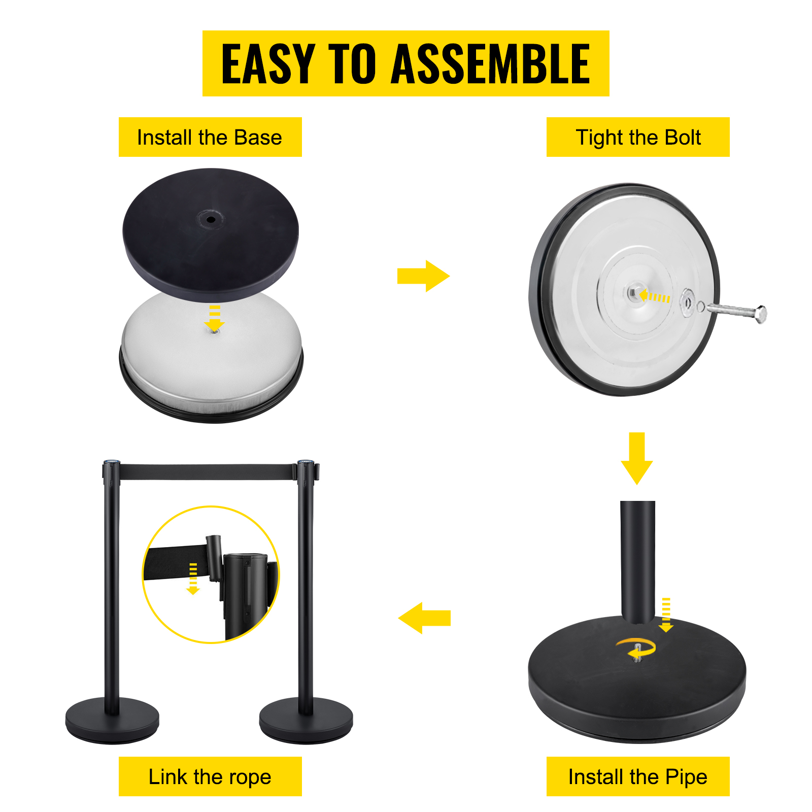 easy assembly guide for VEVOR crowd control stanchion steps: base, bolt, pipe, rope.
