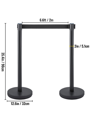 VEVOR crowd control stanchion with dimensions: 6.6ft length, 35.4in height, 12.6in base.