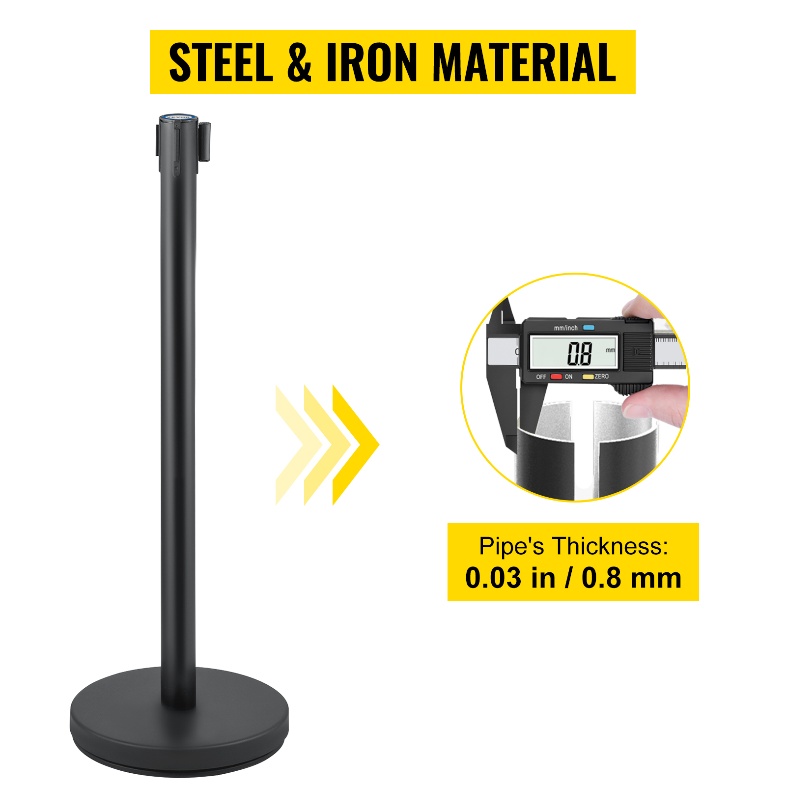 VEVOR crowd control stanchion made of steel and iron, with 0.8 mm pipe thickness.