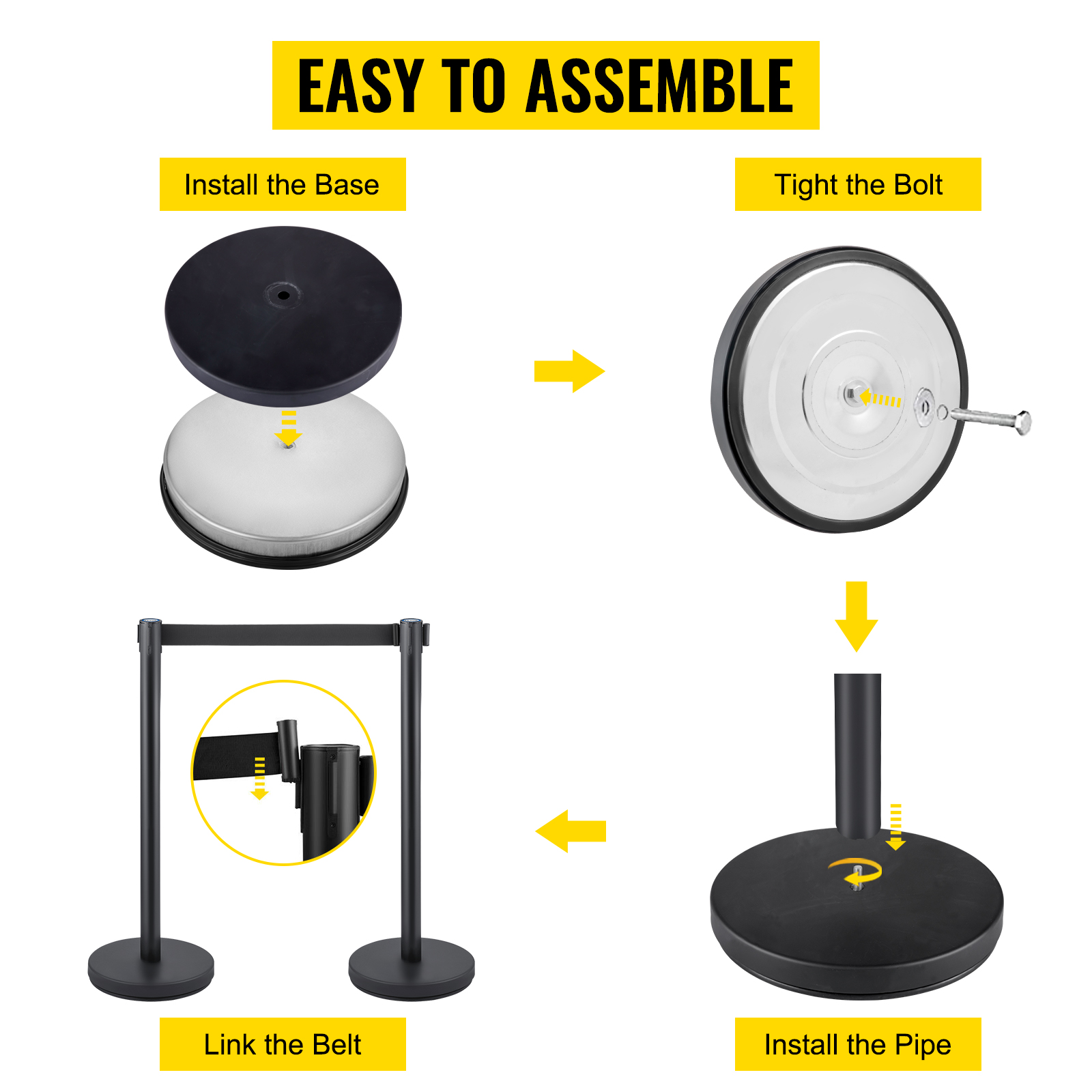 easy assembly guide for VEVOR crowd control stanchion: install base, tighten bolt, install pipe, link belt.