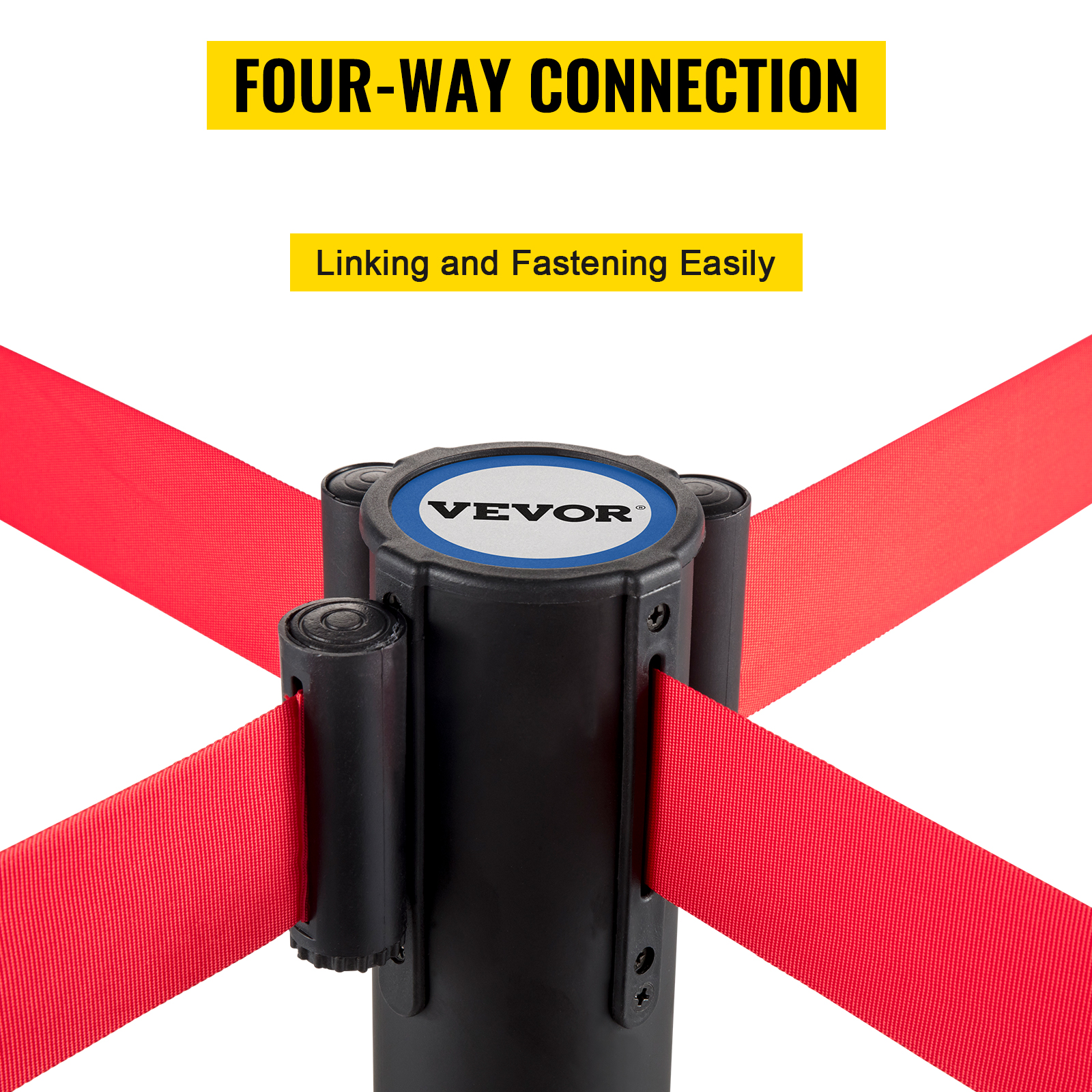 VEVOR crowd control stanchion with red belts and four-way connection.