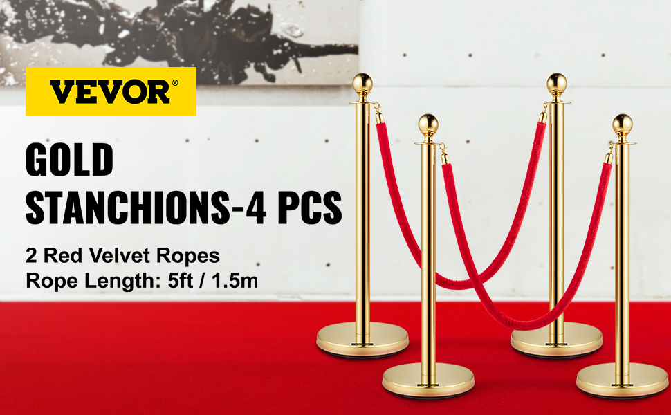 VEVOR stanchion posts: 4 gold stanchions with 2 red velvet ropes on a red carpet.