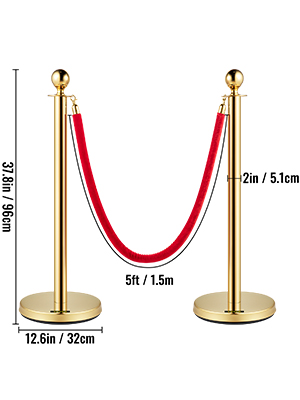 gold VEVOR stanchion posts with 5ft red rope, 37.8in tall, 12.6in diameter.