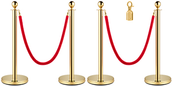 gold VEVOR stanchion posts with red ropes and a key on white background.