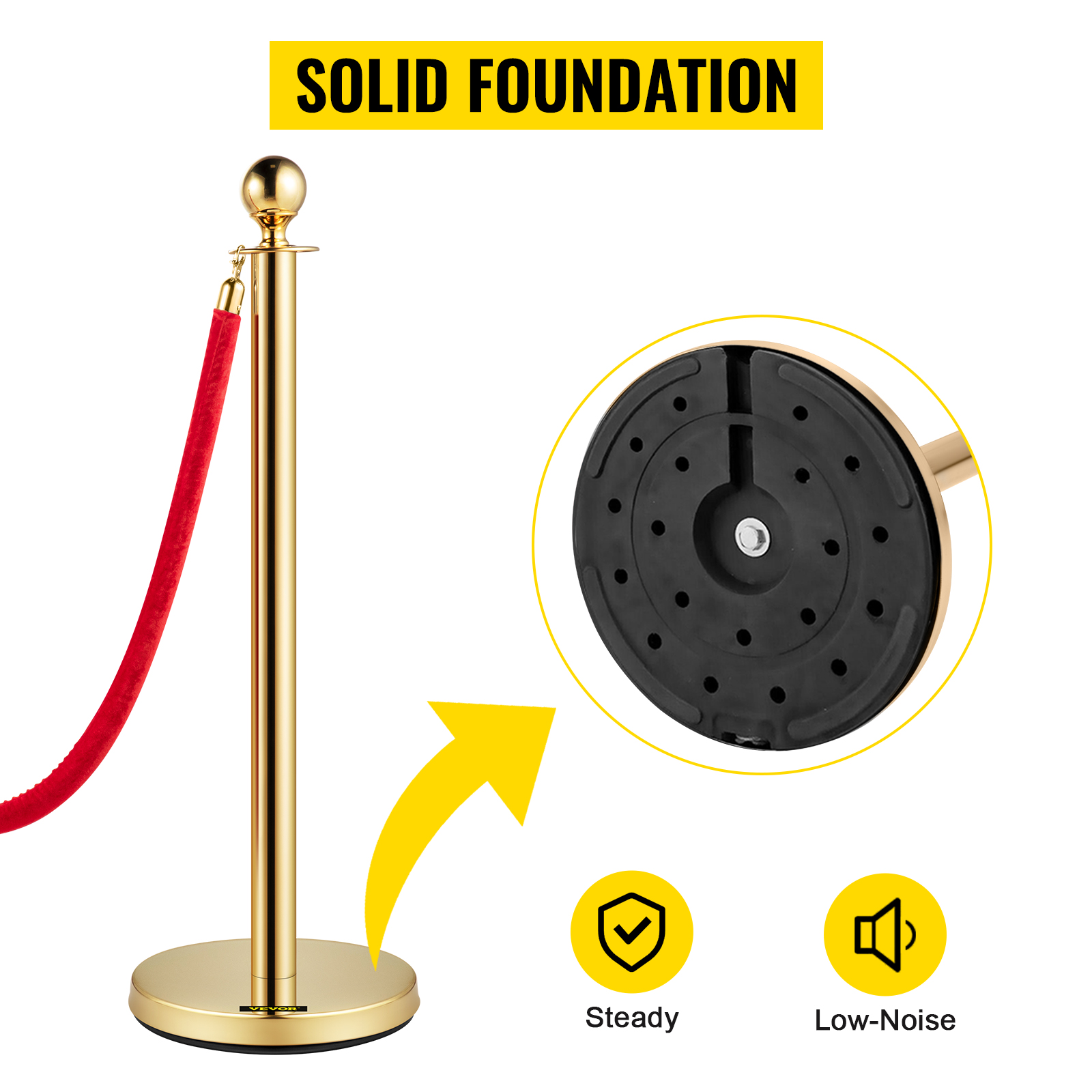 VEVOR stanchion posts with solid foundation, red velvet rope, and steady base.
