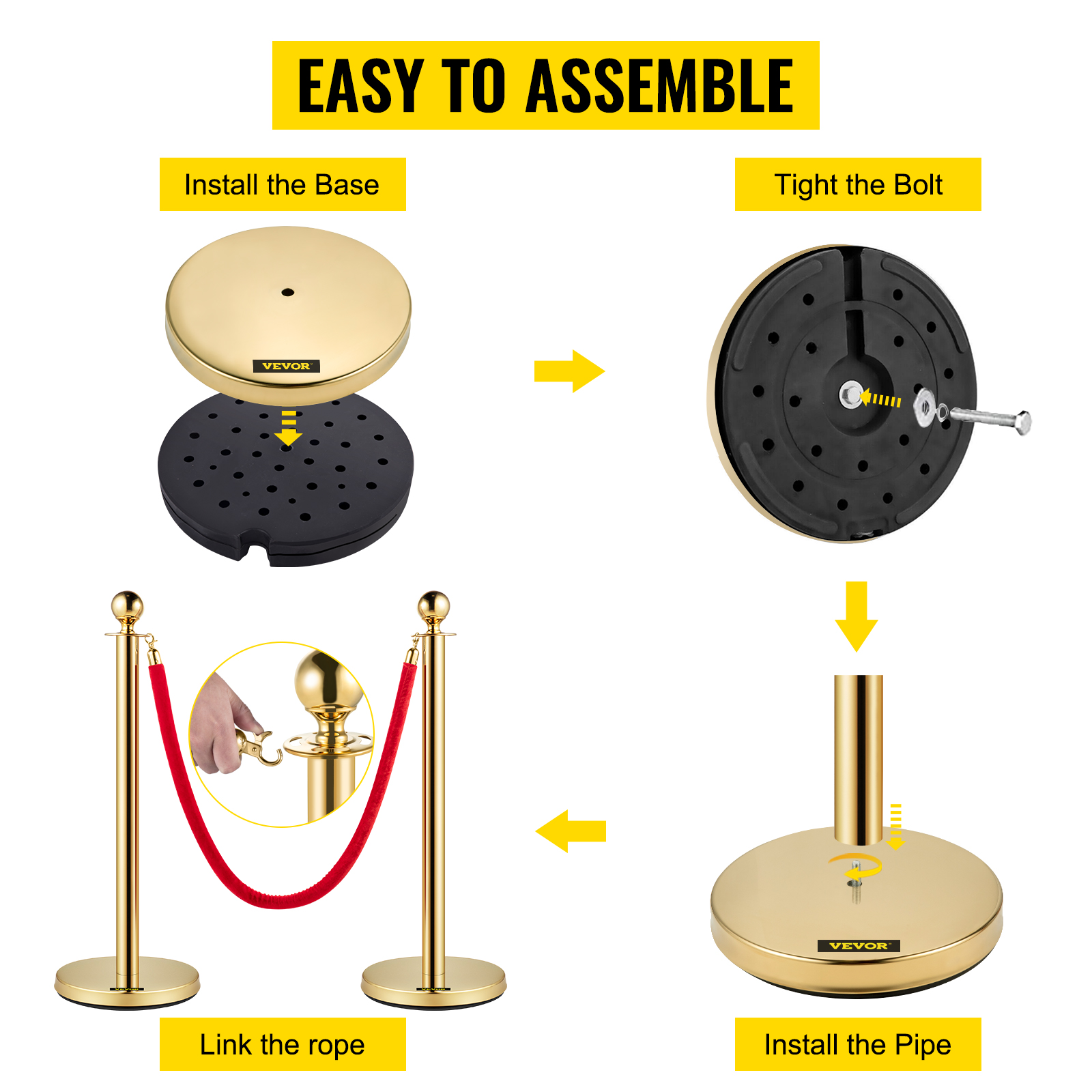 assemble VEVOR stanchion posts: install base, tighten bolt, install pipe, link rope.