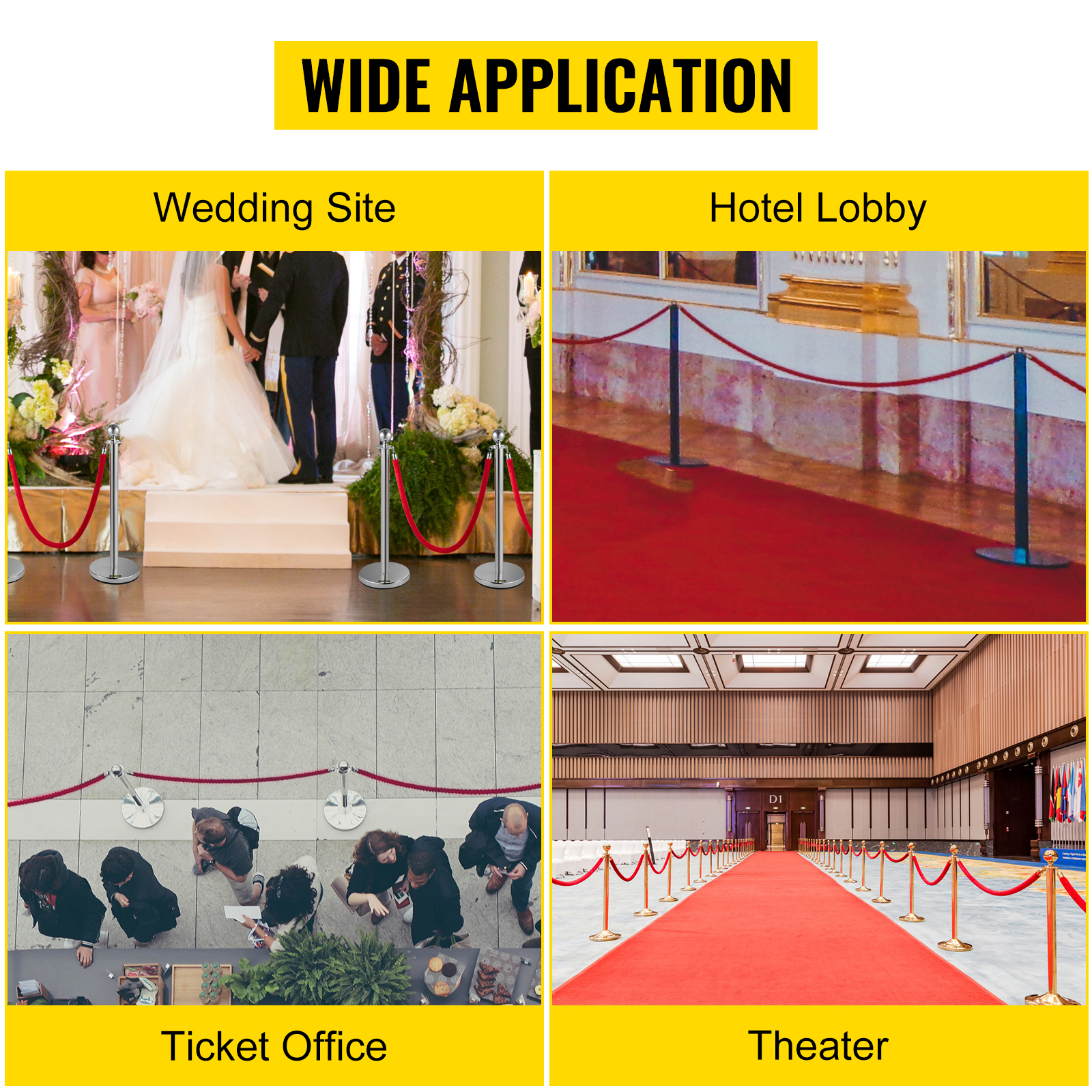 VEVOR stanchion posts at wedding site, hotel lobby, ticket office, and theater.