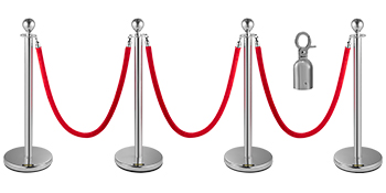 VEVOR stanchion posts with red ropes and silver bases in a row.