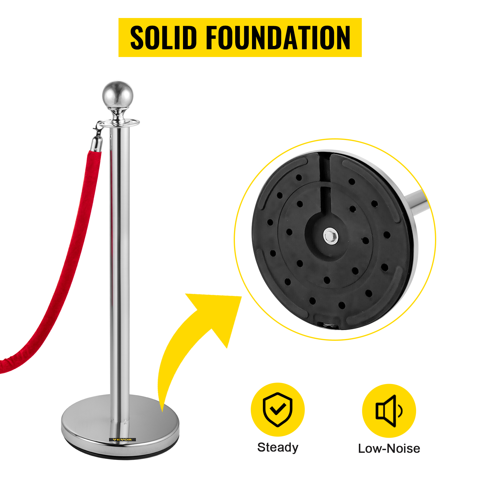 VEVOR stanchion posts with red rope, showcasing steady and low-noise solid foundation.