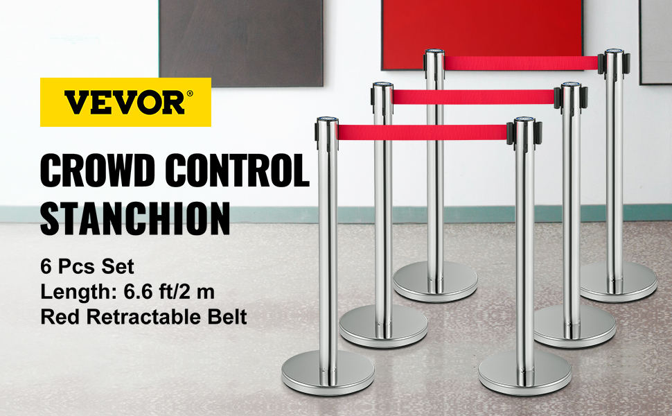VEVOR crowd control stanchion, 6 pcs set with red retractable belts, 6.6 ft each.