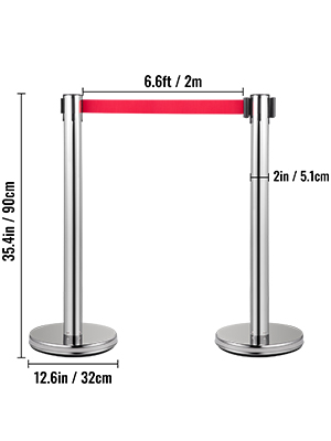 VEVOR crowd control stanchion with red belt, 35.4in height, 6.6ft length.