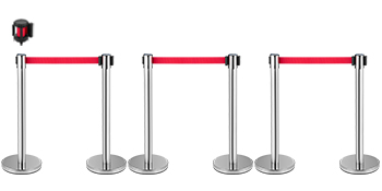 four silver stanchions with red belts - VEVOR crowd control stanchion system.