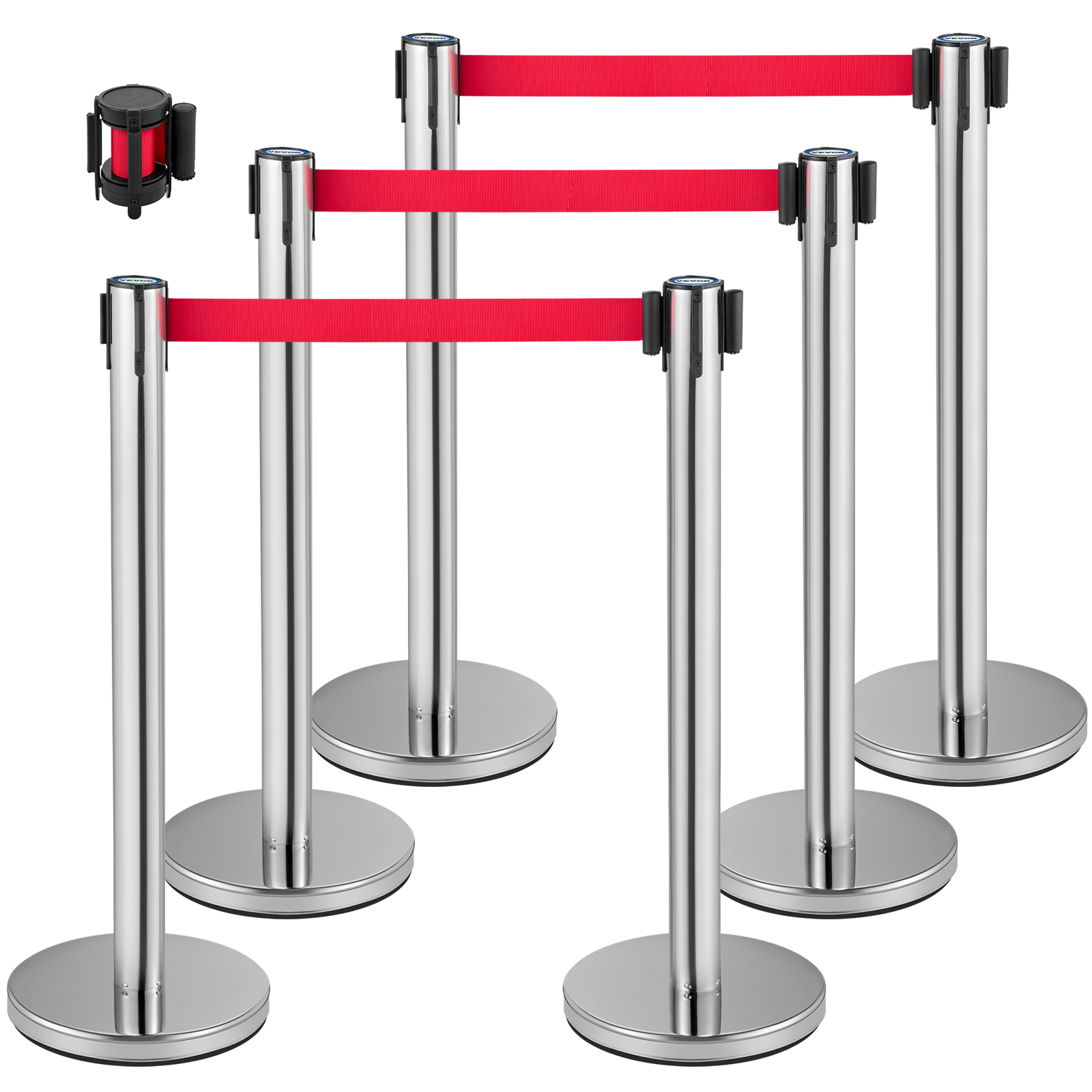 VEVOR crowd control stanchion with red retractable belts, set of five.