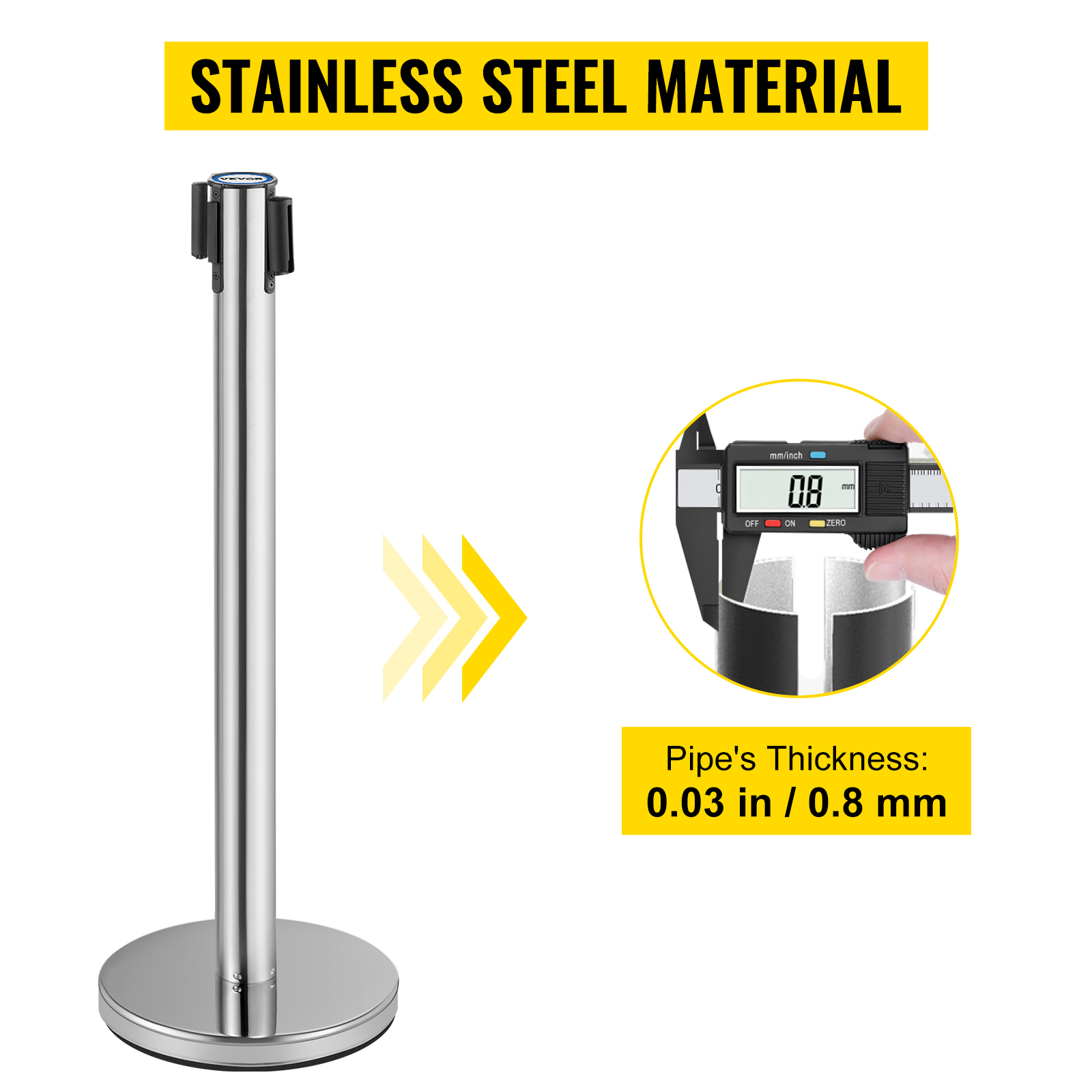 stainless steel VEVOR crowd control stanchion, 0.03in/0.8mm pipe thickness.