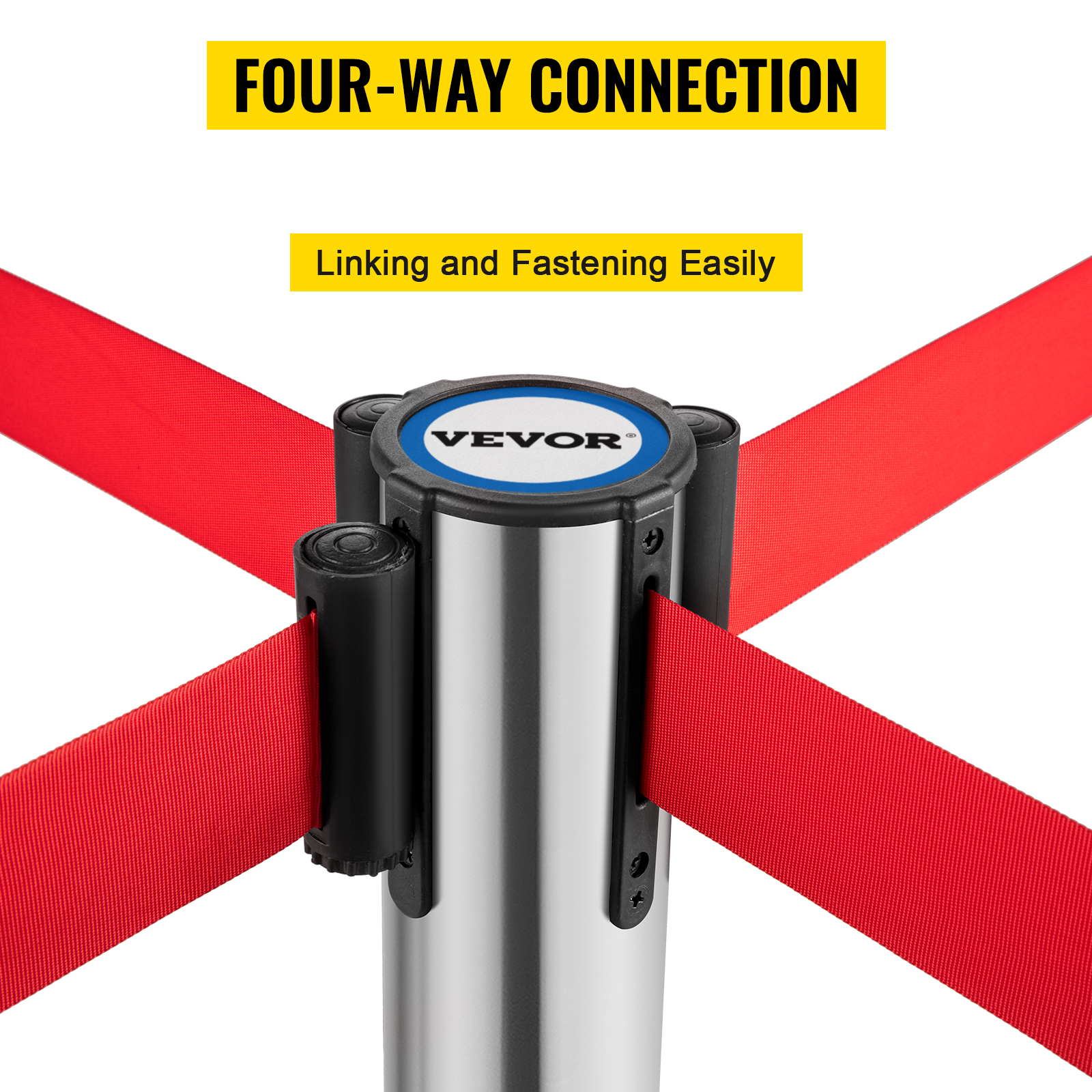 VEVOR crowd control stanchion with four-way connection and red belts.