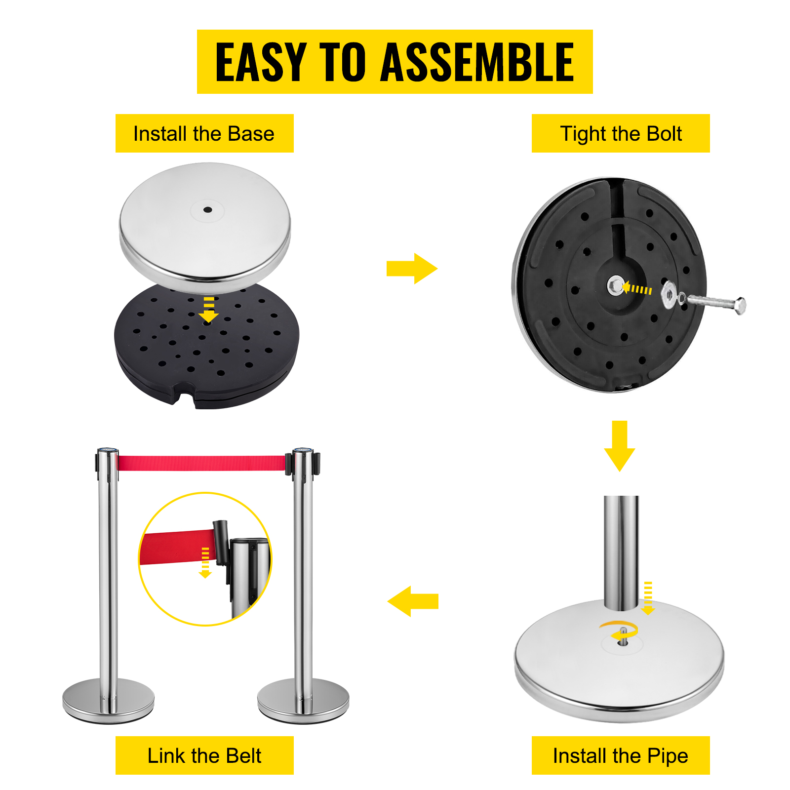 VEVOR crowd control stanchion assembly guide: base, bolt, pipe, and belt.