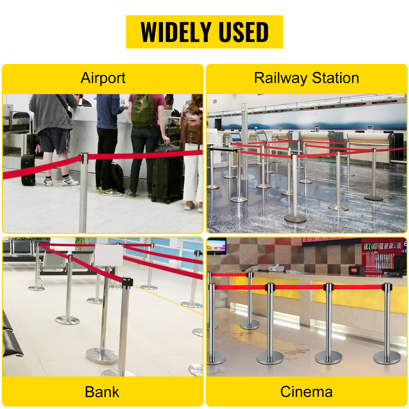 VEVOR crowd control stanchion used in airport, railway station, bank, and cinema.