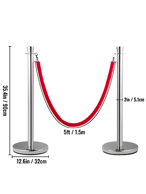 VEVOR crowd control stanchion with red velvet rope and measurement details.