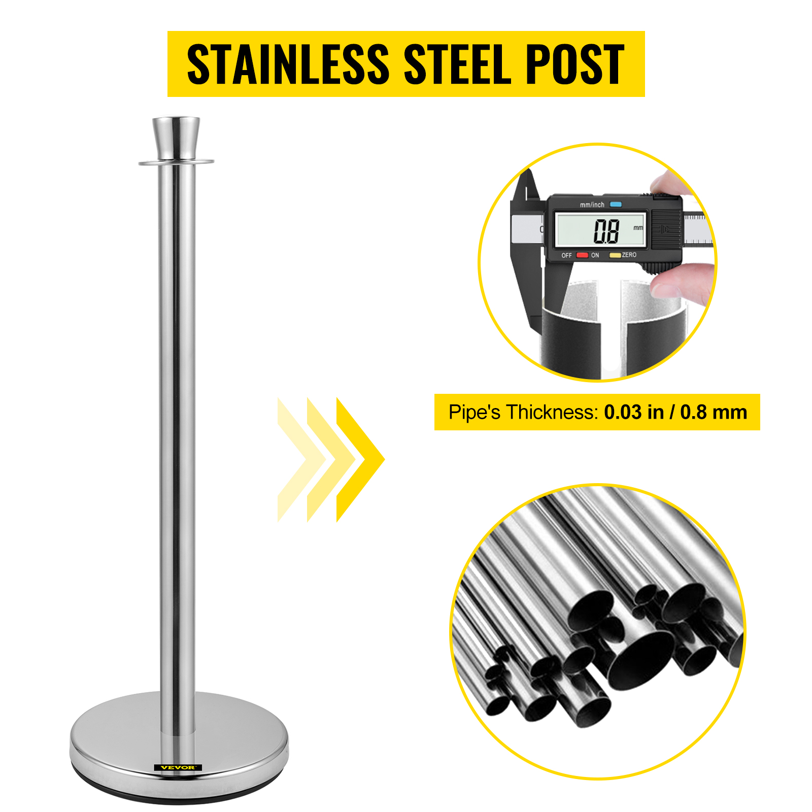 VEVOR crowd control stanchion with stainless steel post and 0.03 in thickness.