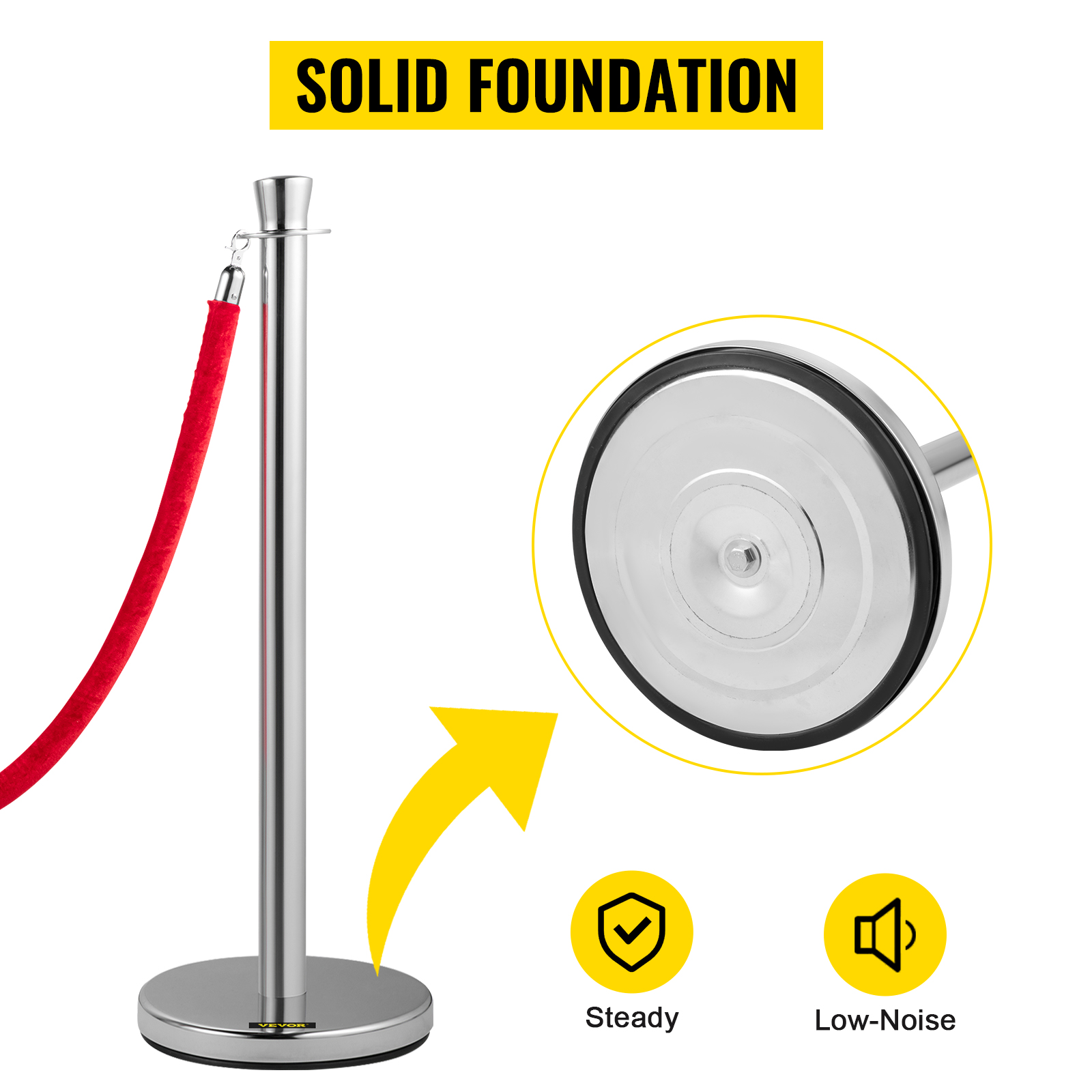 VEVOR crowd control stanchion with steady, low-noise solid foundation.