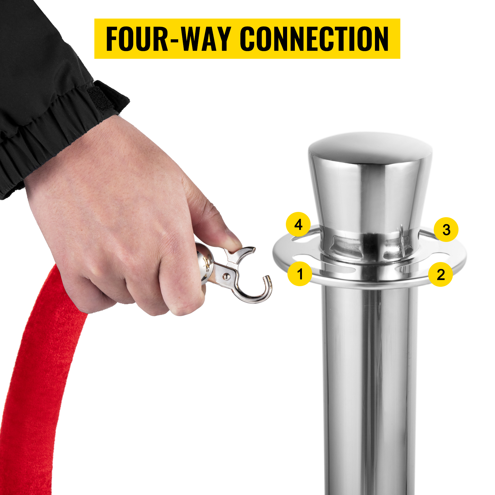 hand attaching rope to VEVOR crowd control stanchion with four-way connection points.