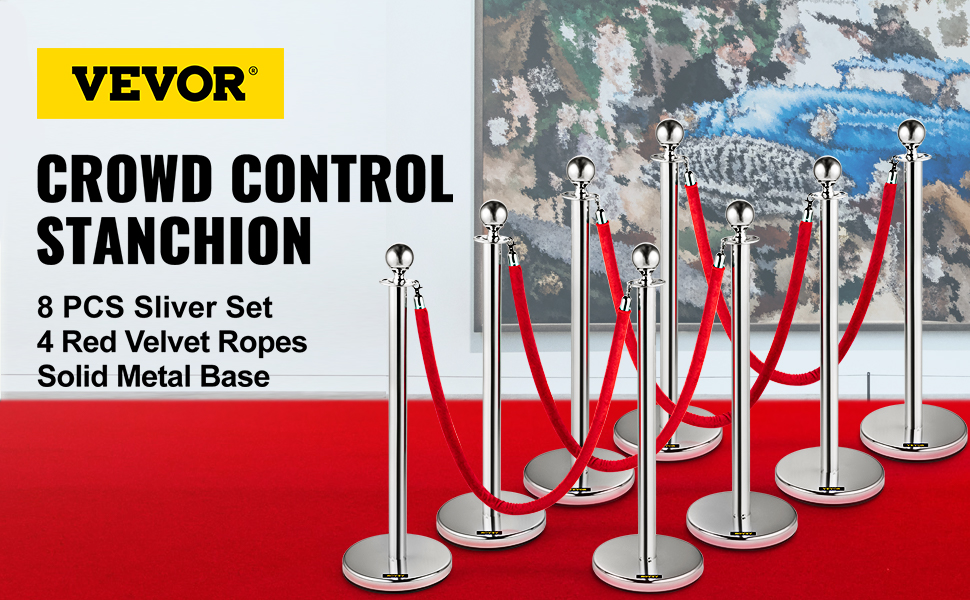 VEVOR crowd control stanchion with red velvet ropes on red carpet.