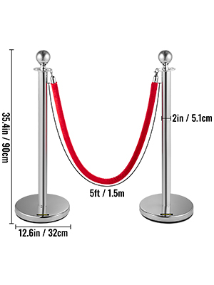 VEVOR crowd control stanchion with red velvet rope, measures 5ft long, 35.4in tall.