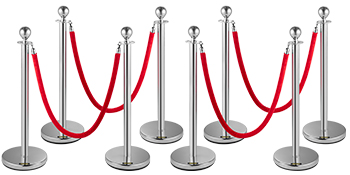 VEVOR crowd control stanchion set with red velvet ropes and polished silver posts.