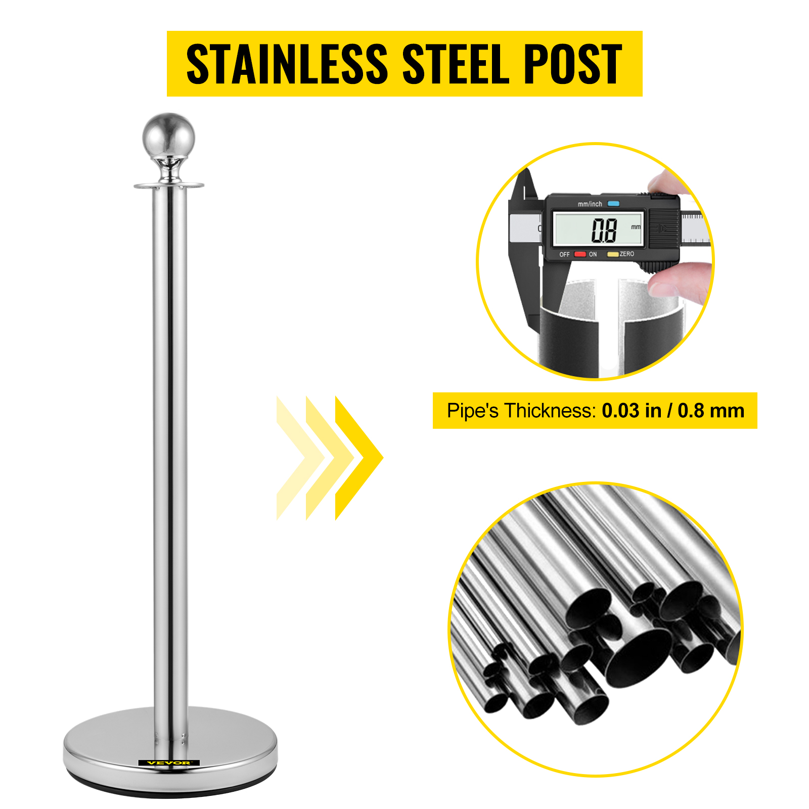 stainless steel VEVOR crowd control stanchion, 0.03in thickness, durable posts.