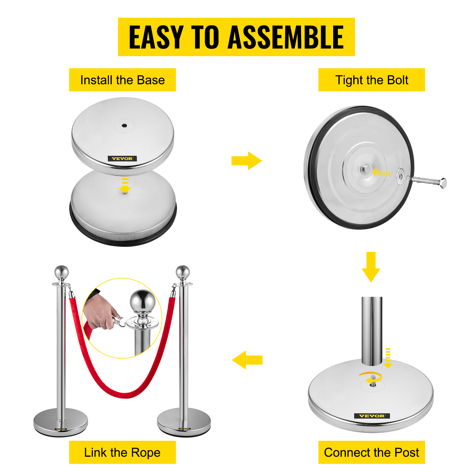 easy assembly steps for VEVOR crowd control stanchion with base, bolt, post, and rope.