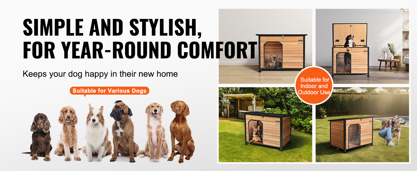 simple and stylish VEVOR outdoor dog house, suitable for various dogs, ideal for indoor and outdoor use.