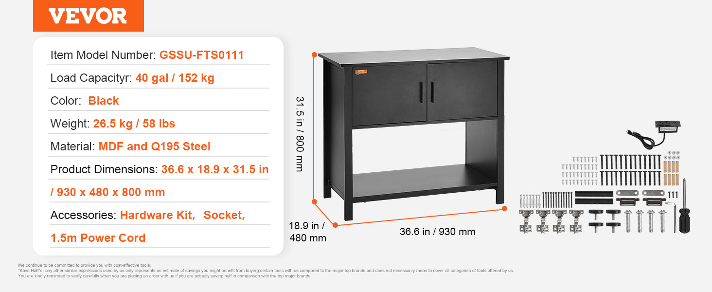 VEVOR aquarium stand, black, 36.6 x 18.9 x 31.5 in, mdf and q195 steel, 40-gallon load capacity.
