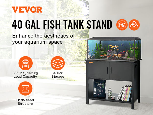 VEVOR aquarium stand with 3-tier storage, 335 lbs load capacity, and embedded socket certified by ul/ce/saa.