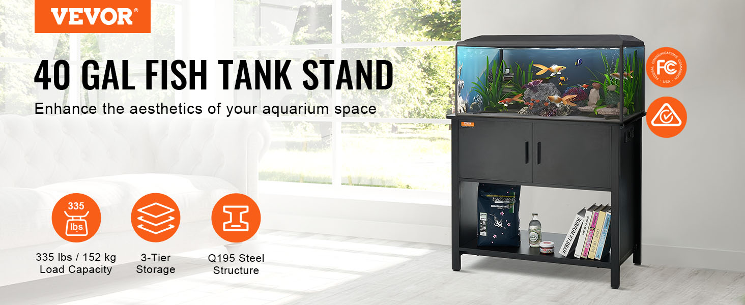 VEVOR aquarium stand with 3-tier storage, 335 lbs load capacity, and embedded socket certified by ul/ce/saa.