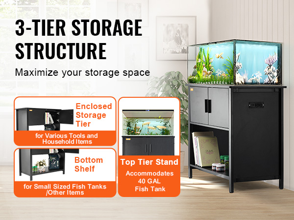 3-tier VEVOR aquarium stand with top tier for 40-gal tank, enclosed storage, and bottom shelf.