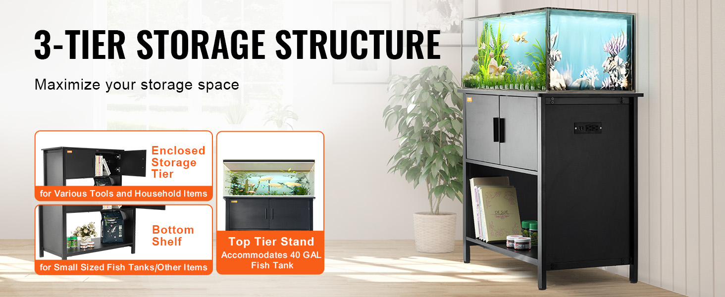 3-tier VEVOR aquarium stand with top tier for 40-gal tank, enclosed storage, and bottom shelf.