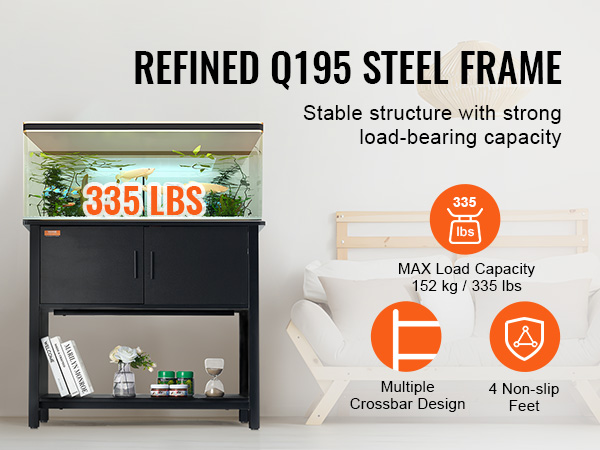 VEVOR aquarium stand with q195 steel frame holds 335 lbs; features storage, books, and fish tank.