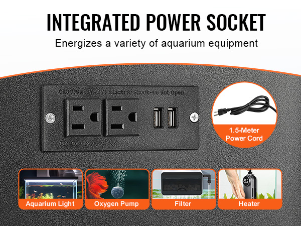 integrated power socket for VEVOR aquarium stand, energizes aquarium light, heater, oxygen pump, and filter.