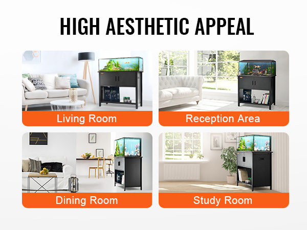 VEVOR aquarium stand in living room, reception area, dining room, and study room, enhancing decor.