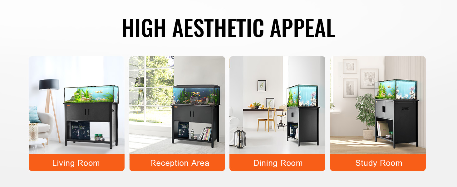 VEVOR aquarium stand in living room, reception area, dining room, and study room, enhancing decor.