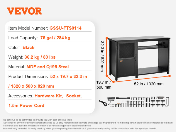 VEVOR aquarium stand 75 gallon, black, mdf and q195 steel, 75 gal capacity, 36.2 kg, 52 x 19.7 x 32.3 in.