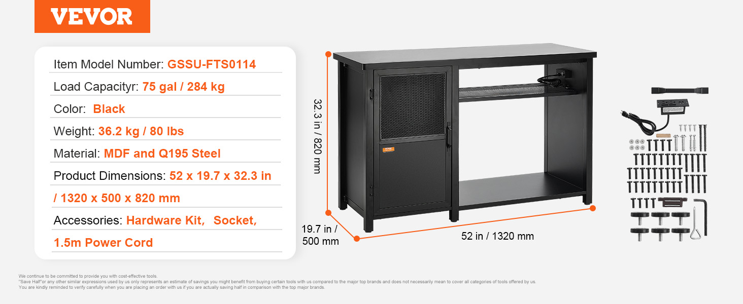 VEVOR aquarium stand 75 gallon, black, mdf and q195 steel, 75 gal capacity, 36.2 kg, 52 x 19.7 x 32.3 in.